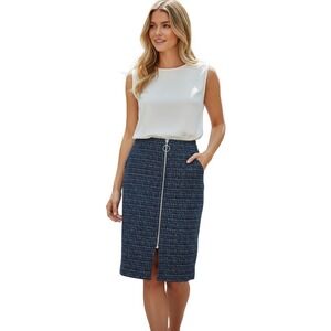 Maeve Anthropologie Navy Blue Textured Grid Zip Front Pencil Skirt S Classic $98